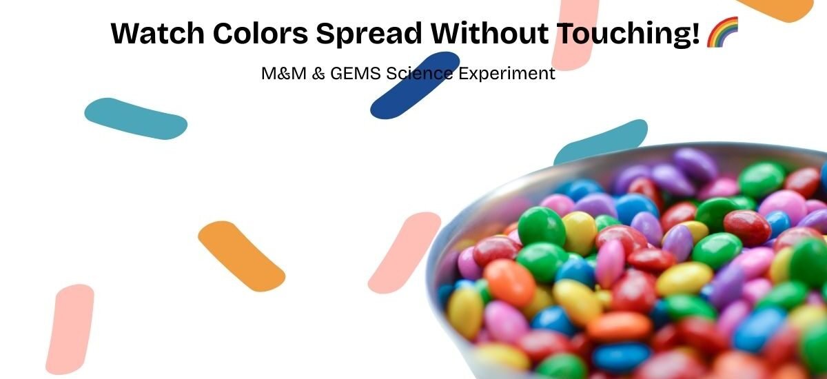 M&M and GEMS candy science experiment with rainbow color spread on white plate