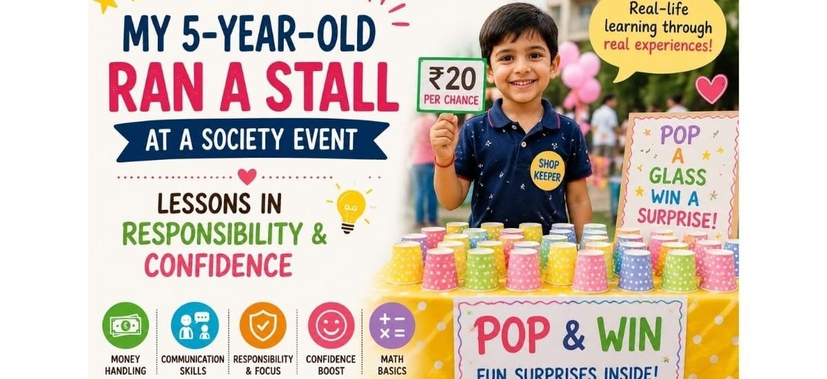 5-year-old child running a game stall at a society event, learning confidence, responsibility, communication, and money management.