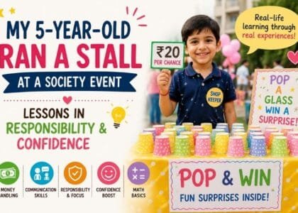 5-year-old child running a game stall at a society event, learning confidence, responsibility, communication, and money management.