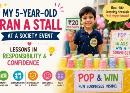 5-year-old child running a game stall at a society event, learning confidence, responsibility, communication, and money management.