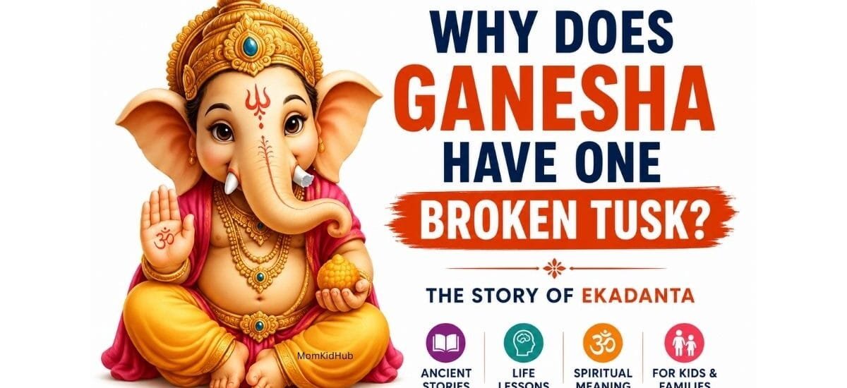 Why does Lord Ganesha have one broken tusk? Illustration of Lord Ganesha (Ekadanta) with one broken tusk.
