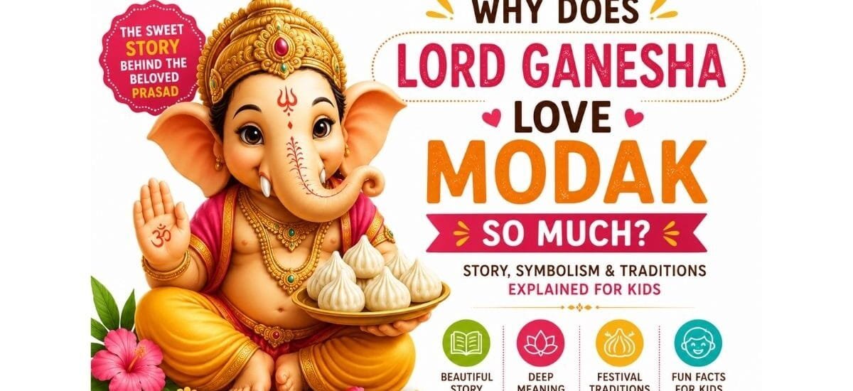 Lord Ganesha with modaks, explaining why modak is His favourite sweet.