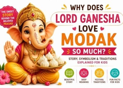 Lord Ganesha with modaks, explaining why modak is His favourite sweet.