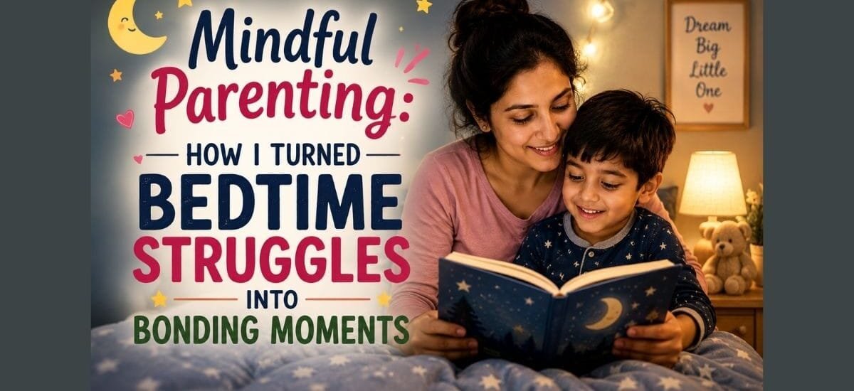 Mother reading a bedtime story to her child, turning bedtime struggles into bonding moments through mindful parenting.