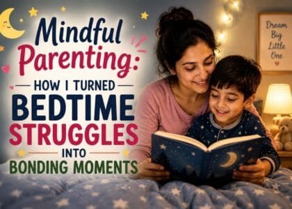 Mother reading a bedtime story to her child, turning bedtime struggles into bonding moments through mindful parenting.