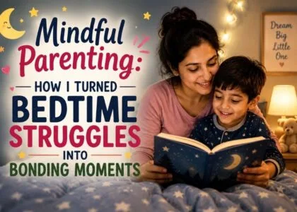 Mother reading a bedtime story to her child, turning bedtime struggles into bonding moments through mindful parenting.