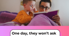 Mother reading bedtime story to her 6-year-old child as part of mindful parenting routine.