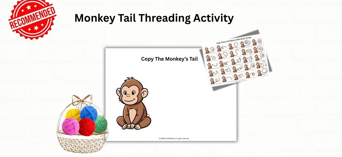 Monkey threading printable worksheet for kids fine motor activity