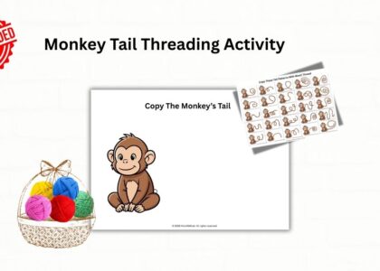 Monkey threading printable worksheet for kids fine motor activity