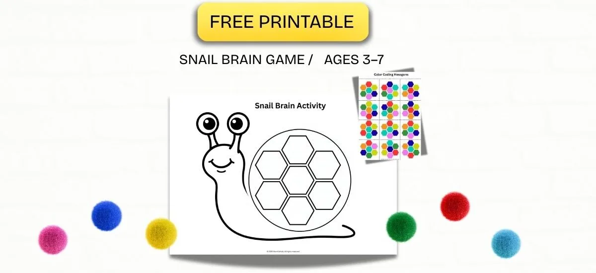 Snail brain activity printable for kids pattern matching worksheet