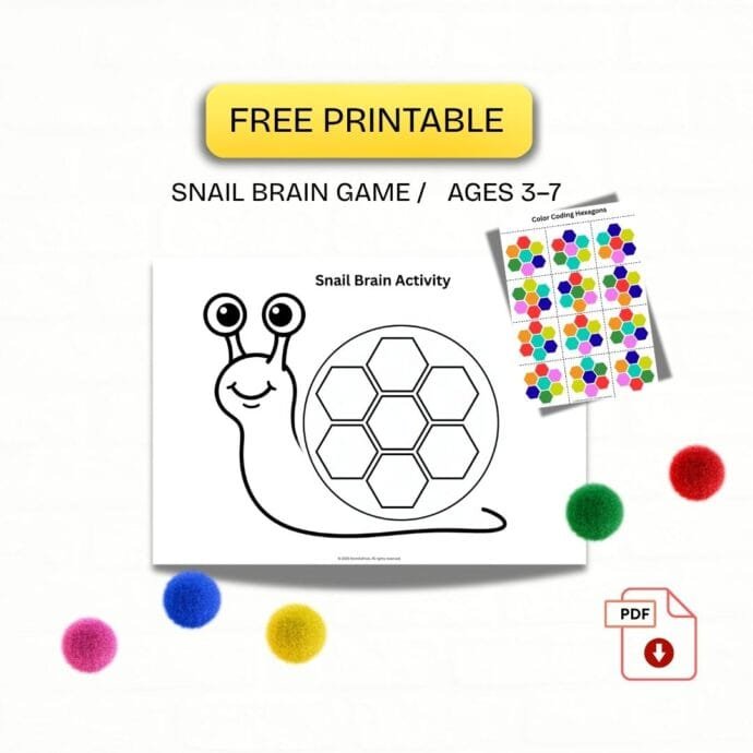 Snail brain activity printable for kids free PDF ages 3 to 7
