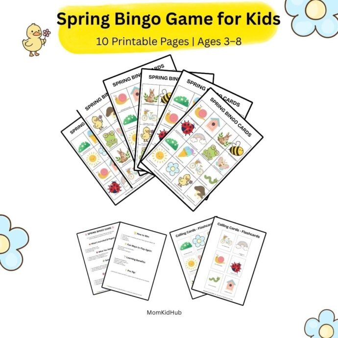 Spring bingo game printable for kids ages 3-6 with calling cards and instruction pages, fun preschool activity for learning and play