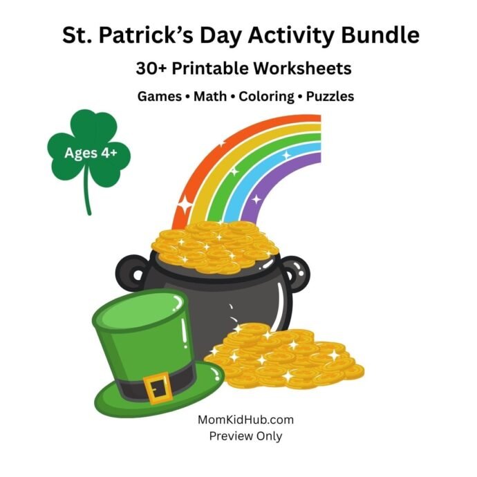 St Patrick's Day worksheets bundle for kids with 30+ printable learning activities