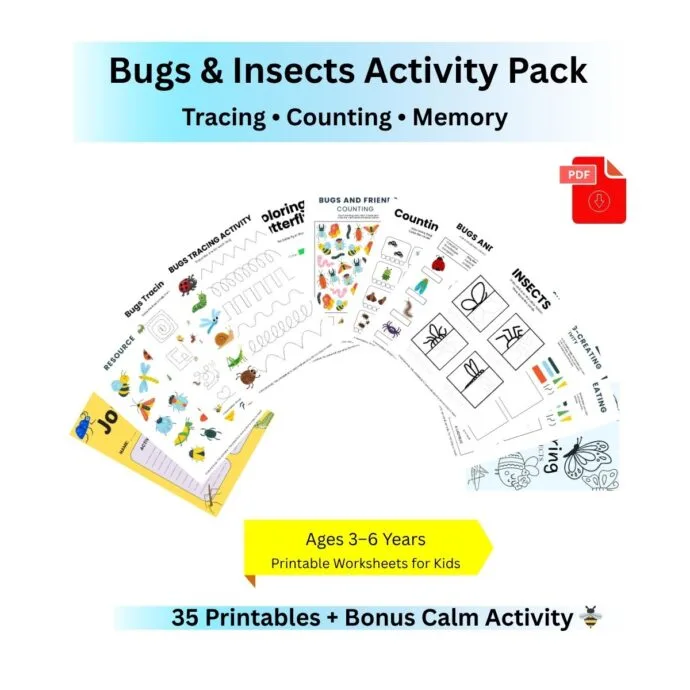 Bugs and insects printable worksheets for kids ages 3 to 6 with 35 activities including tracing counting memory and calm bumblebee printable