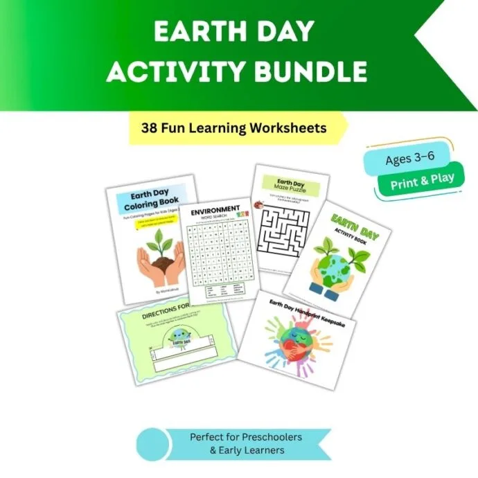 Earth Day activity bundle for kids with 38 printable worksheets including puzzles coloring and learning activities
