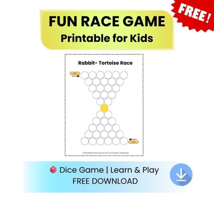Rabbit and Tortoise race game printable for kids with dice learning activity
