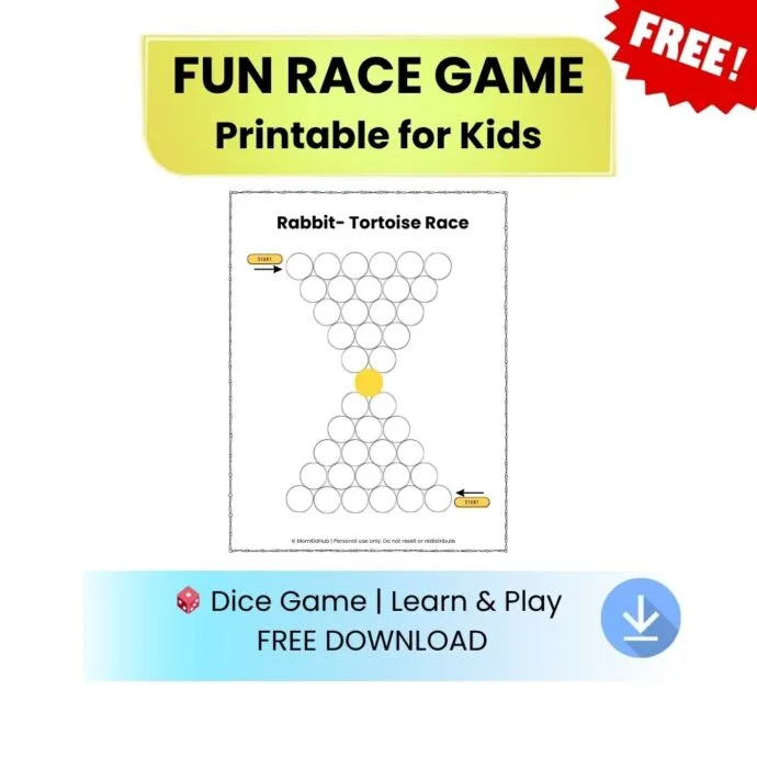 Rabbit and Tortoise race game printable for kids with dice learning activity