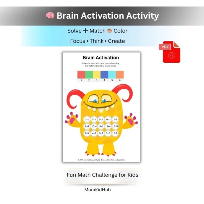 Brain activation color match worksheet for preschool and kindergarten kids with simple math and coloring activity