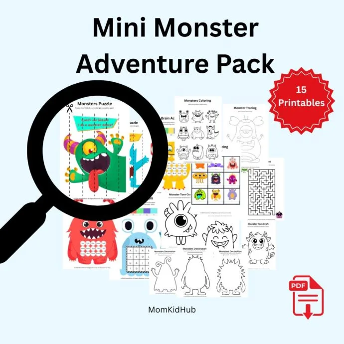 Mini Monster Adventure Pack printable worksheets for preschool and kindergarten kids