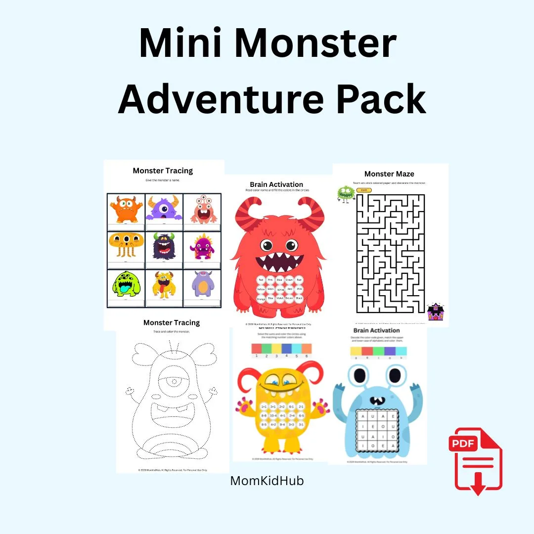 Printable monster learning activity bundle for preschool homeschool activities
