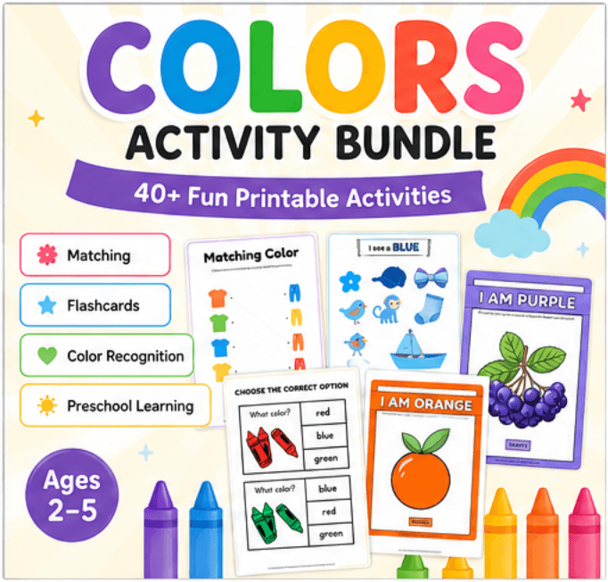 Colors activity bundle for kids with printable worksheets, flashcards, and matching activities for preschool learning
