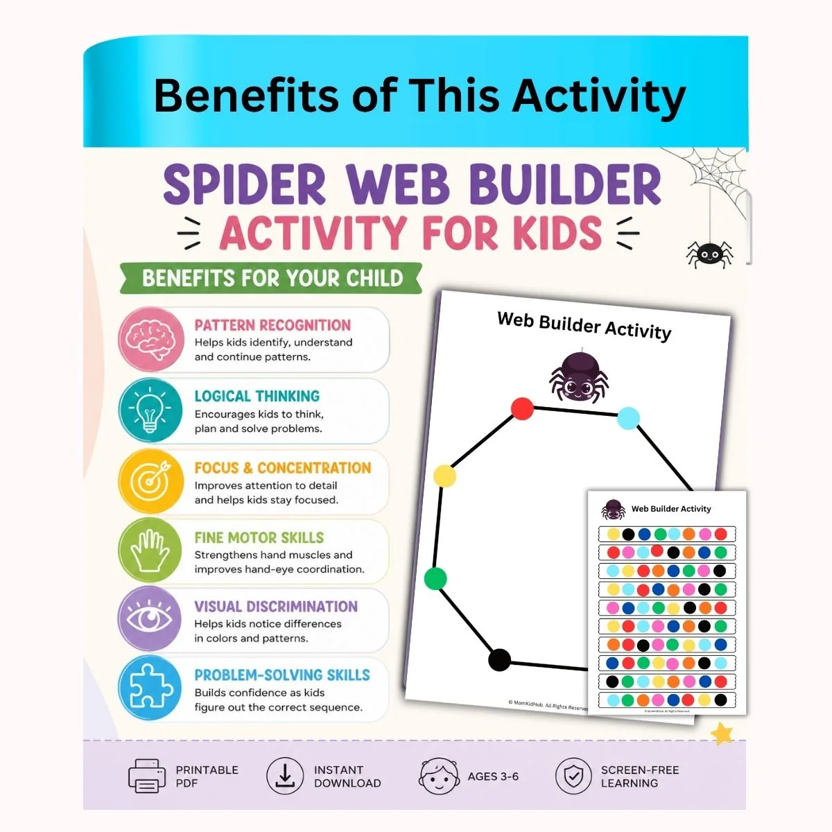 Spider Web Builder printable activity for preschool kids showing benefits like pattern recognition, logical thinking, focus, and fine motor skills.