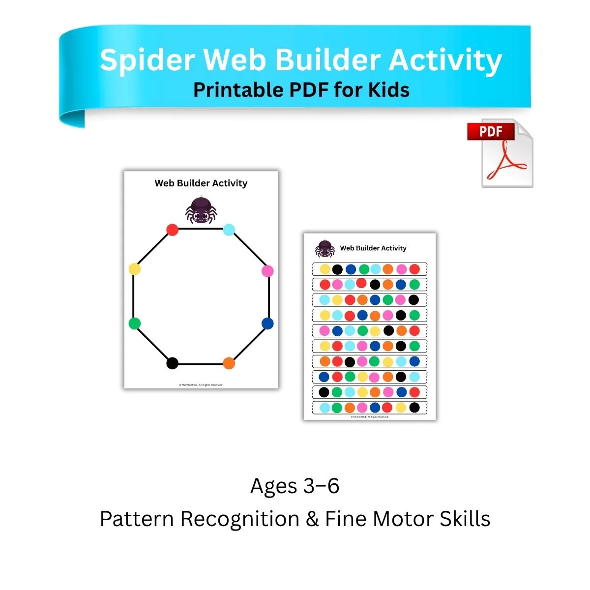 Spider web printable activity worksheet for preschool and kindergarten kids to improve pattern recognition and fine motor skills.