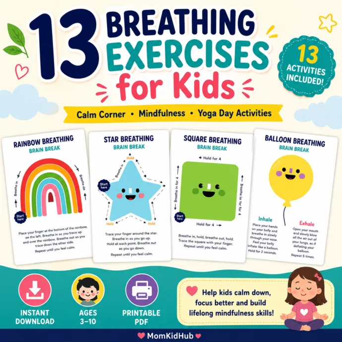 13 Breathing Exercises for Kids Printable Pack – Mindfulness and Calm Corner Activities