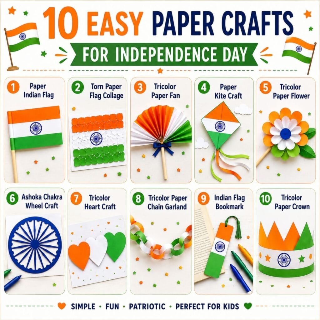 10 easy paper Independence Day crafts for preschoolers including Indian flag, paper fan, kite, flower, Ashoka Chakra, bookmark, crown, and tricolor craft ideas.
