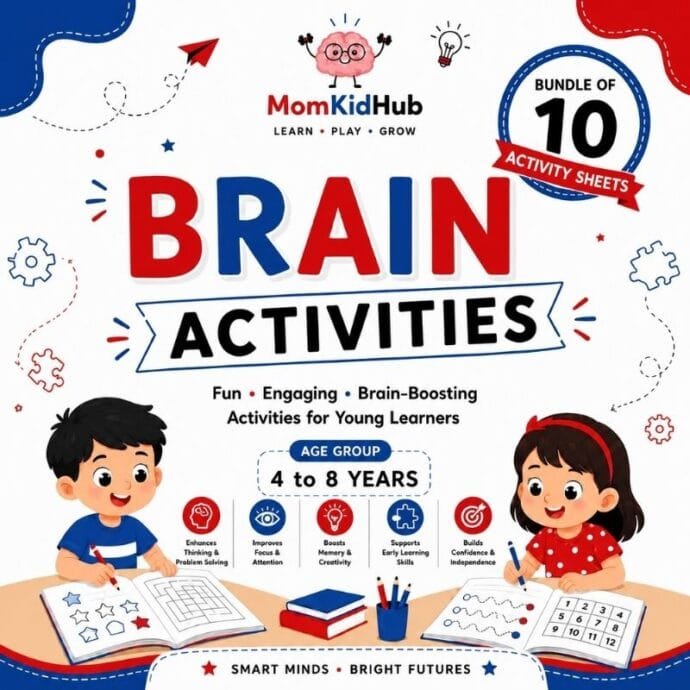Brain Activities for Kids printable pack featuring 10 brain-boosting worksheets for preschool and kindergarten children aged 4–8 years.