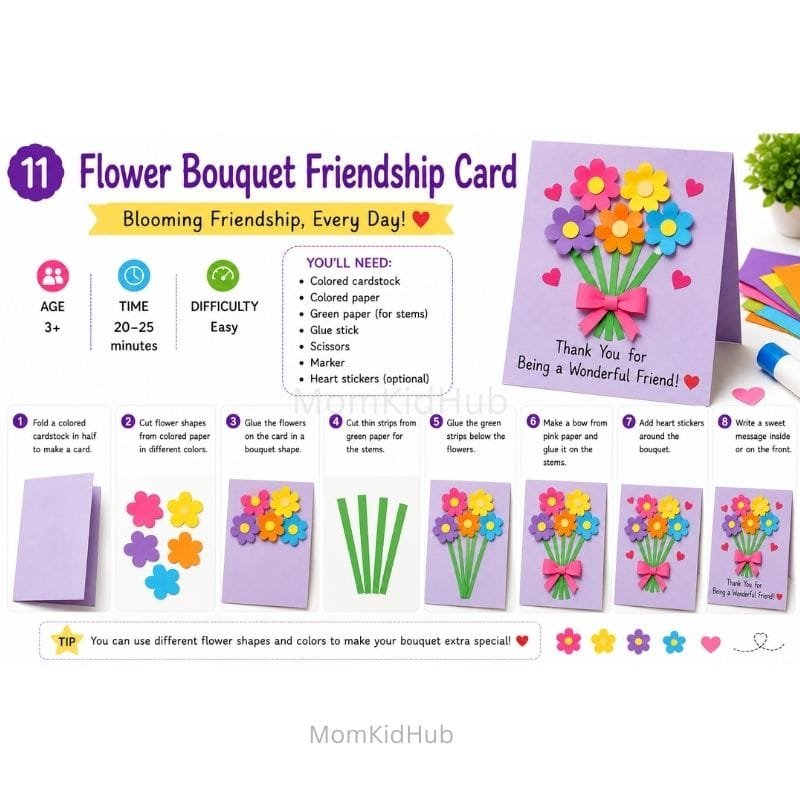 Flower Bouquet Friendship Card Craft for Kids with Step-by-Step DIY Instructions