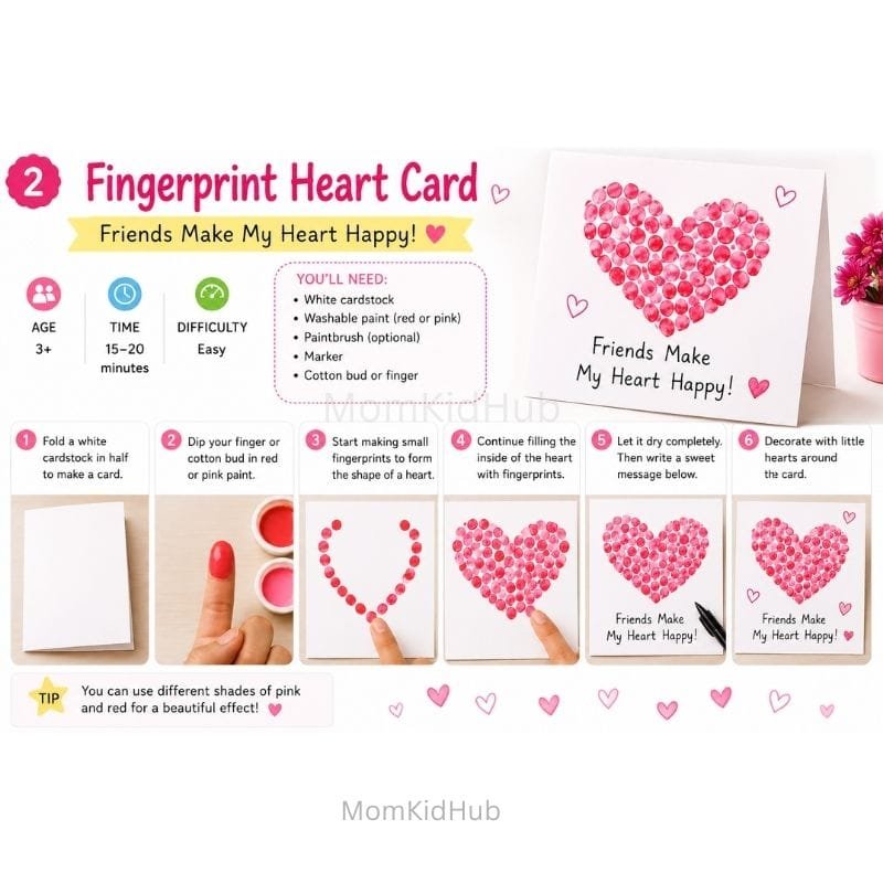 Fingerprint Heart Friendship Day Card for Kids with Easy DIY Step-by-Step Instructions