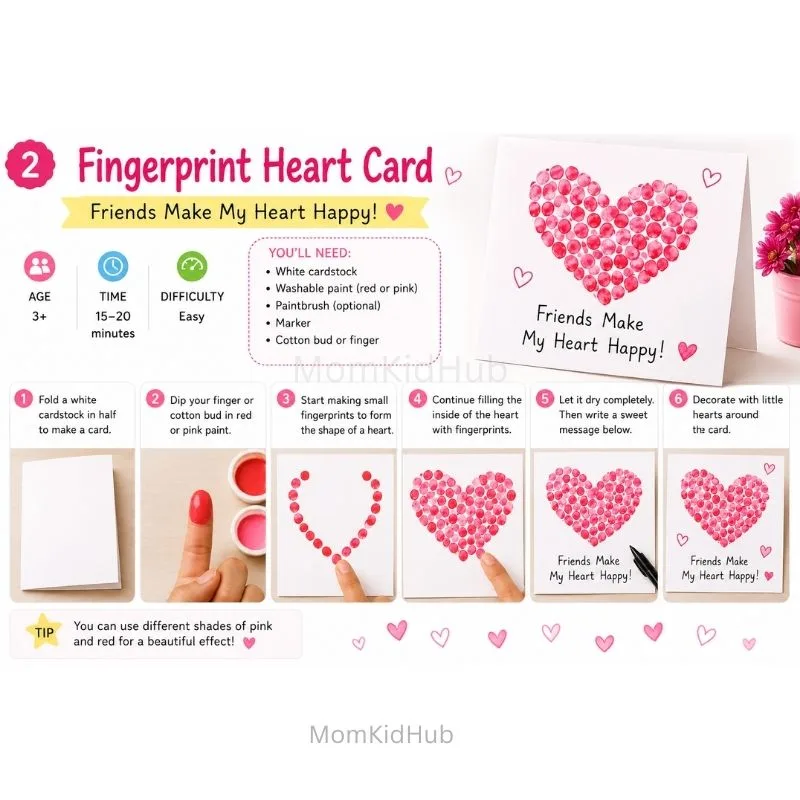 Fingerprint Heart Friendship Day Card for Kids with Easy DIY Step-by-Step Instructions