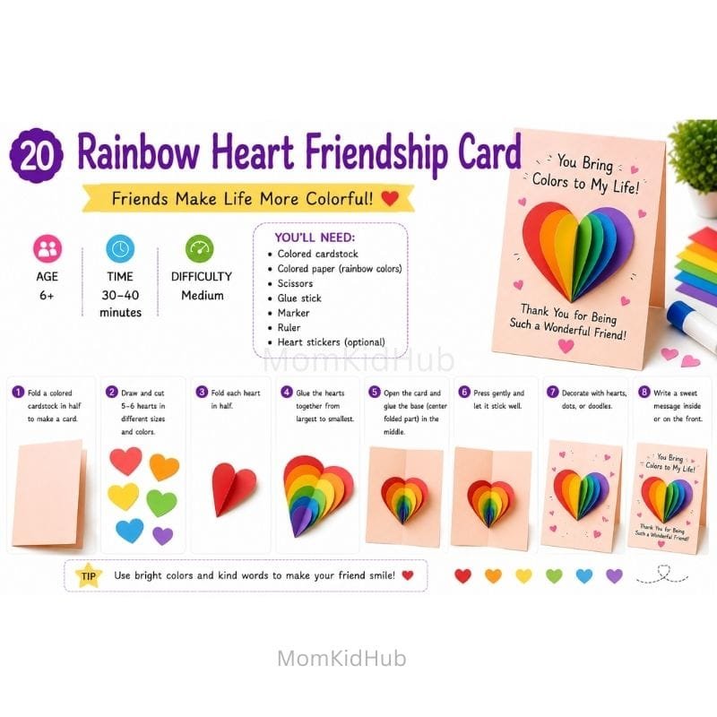Rainbow Heart Friendship Day Card Idea for Kids with Easy DIY Craft Steps