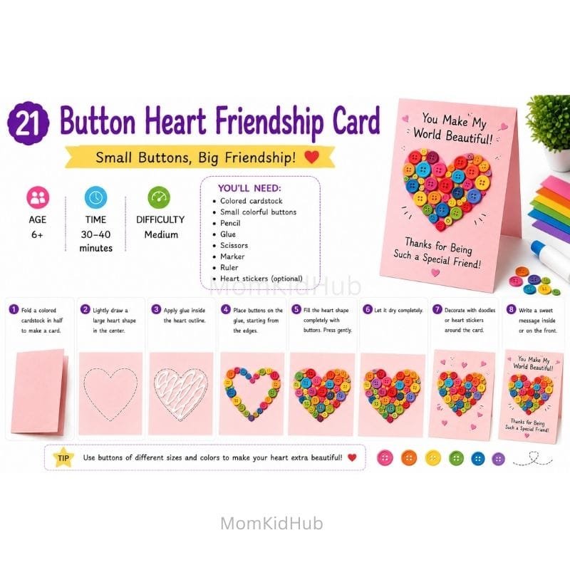 Button Heart Friendship Card Craft for Kids with Simple Step-by-Step Tutorial