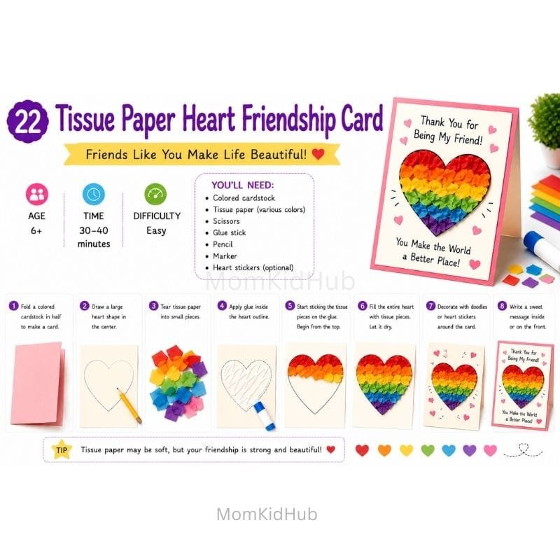 Easy Tissue Paper Heart Friendship Day Card for Kids with Step-by-Step Instructions