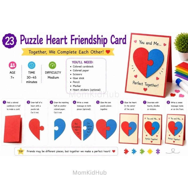 Puzzle Heart Friendship Card Idea for Kids with Easy DIY Step-by-Step Guide