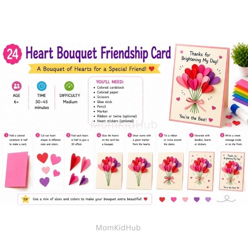 Heart Bouquet Friendship Day Card Craft for Kids with Easy Step-by-Step Tutorial