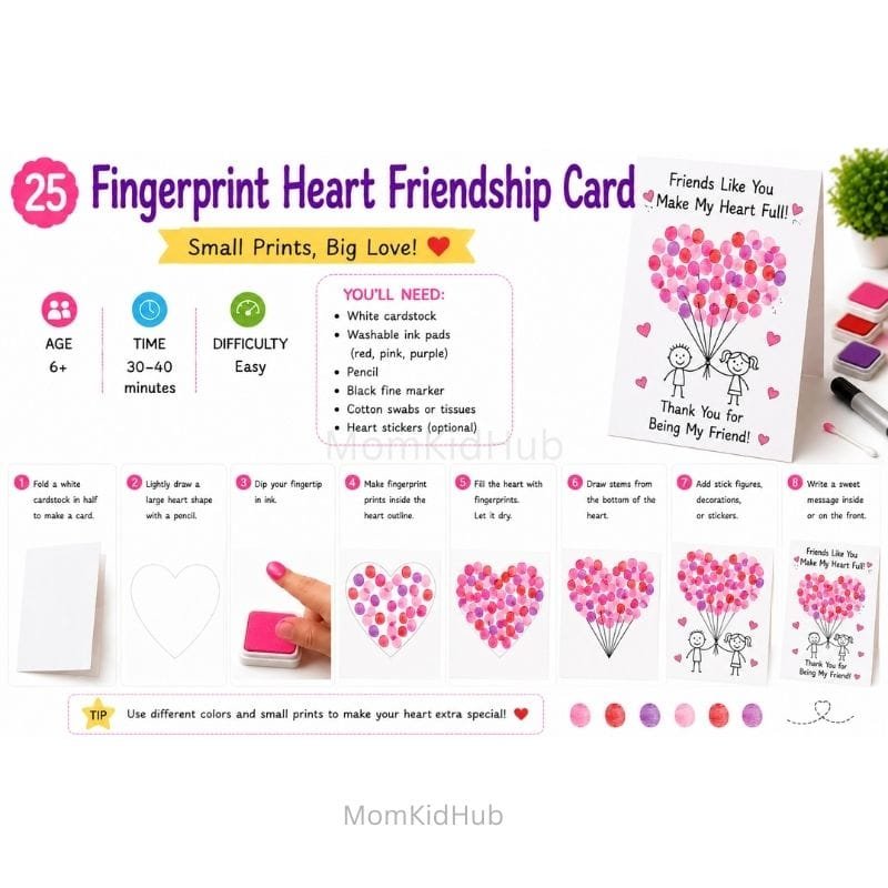 DIY Fingerprint Heart Friendship Card for Kids with Step-by-Step Instructions for Friendship Day
