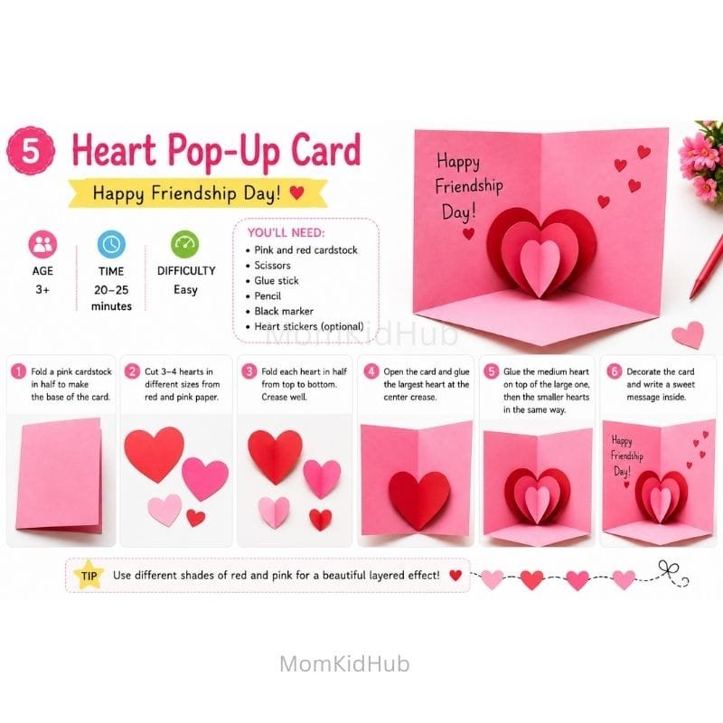 Heart Pop-Up Friendship Card for Kids with Easy Step-by-Step Paper Craft Tutorial