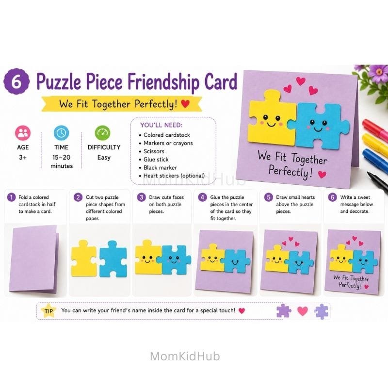 Puzzle Piece Friendship Day Card for Kids with Easy Handmade Craft Instructions