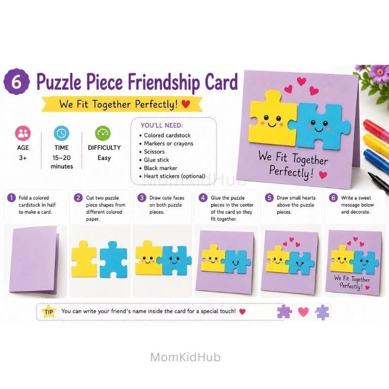Puzzle Piece Friendship Day Card for Kids with Easy Handmade Craft Instructions