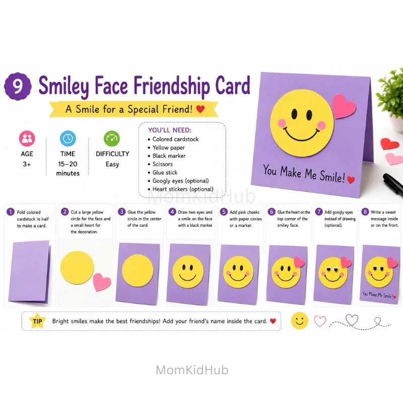 Smiley Face Friendship Day Card Craft for Kids with Easy DIY Steps