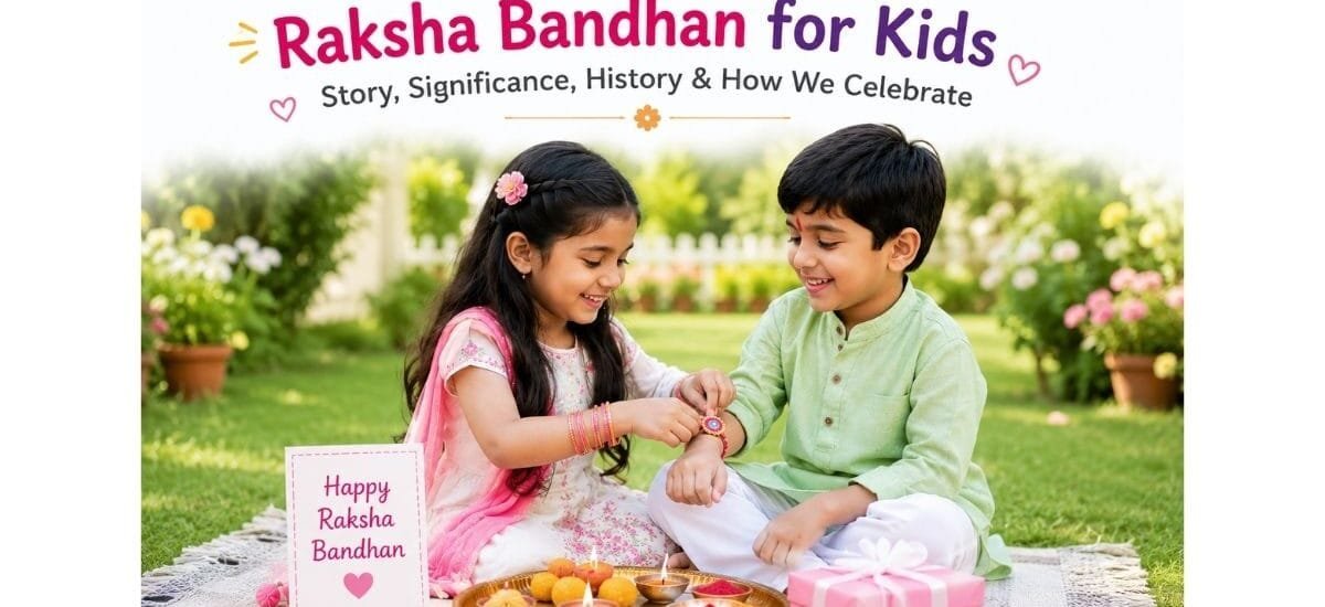 Brother and sister celebrating Raksha Bandhan in a garden by tying a rakhi, explaining the story, significance, and traditions of the festival for kids.