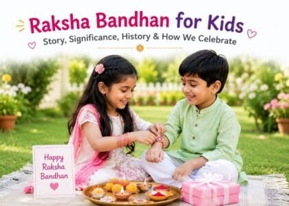 Brother and sister celebrating Raksha Bandhan in a garden by tying a rakhi, explaining the story, significance, and traditions of the festival for kids.