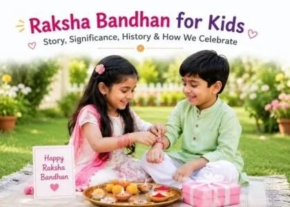 Brother and sister celebrating Raksha Bandhan in a garden by tying a rakhi, explaining the story, significance, and traditions of the festival for kids.