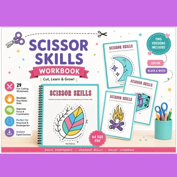 Scissor Skills Workbook with 29 printable cutting practice worksheets for preschool and kindergarten in color and black and white PDF.
