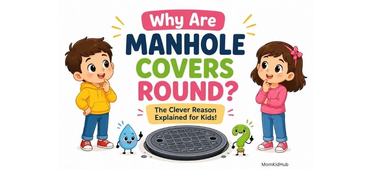 Why are manhole covers round? Cute illustration explaining the clever engineering behind round manhole covers for kids.