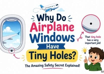 Child looking through an airplane window with a close-up of the tiny bleed hole explained for kids.