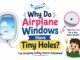 Child looking through an airplane window with a close-up of the tiny bleed hole explained for kids.
